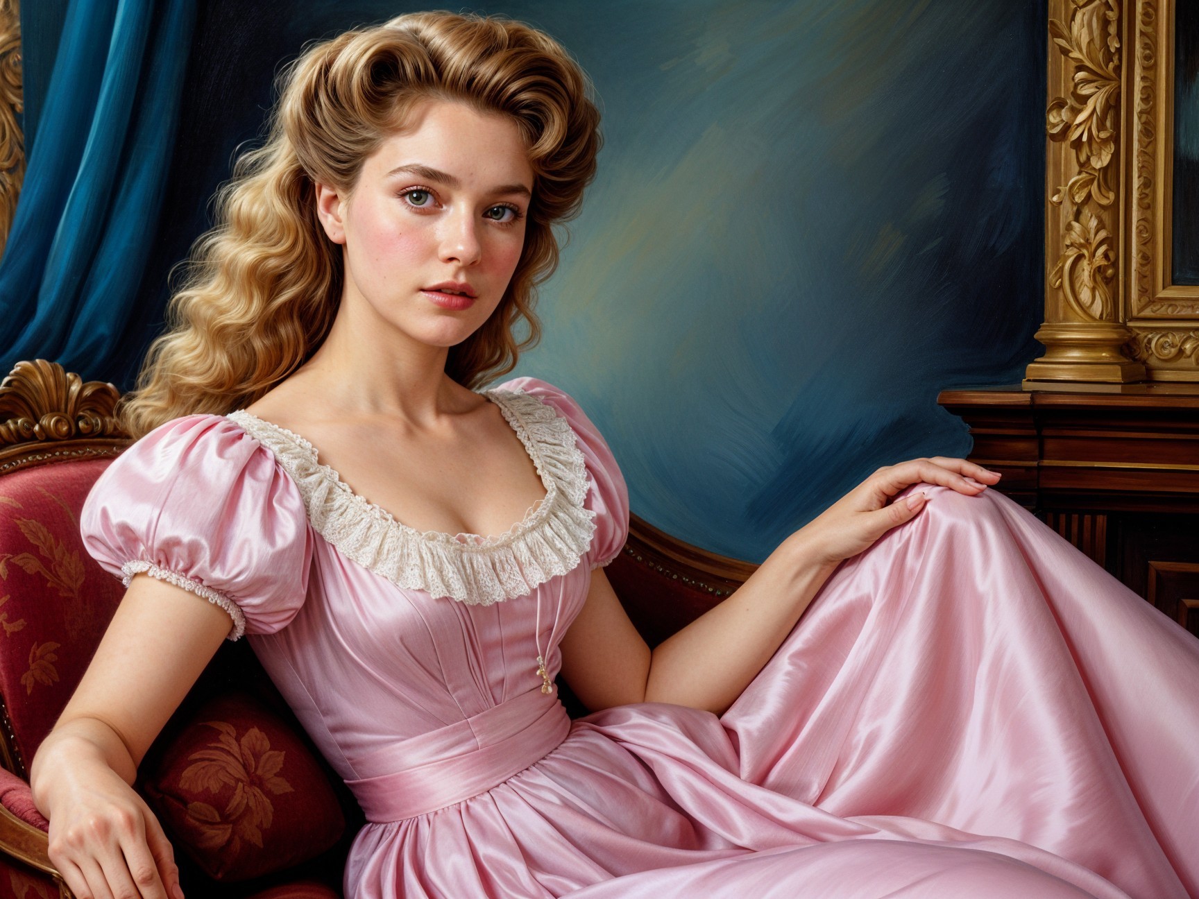 Elegant young woman in pink gown on ornate chair