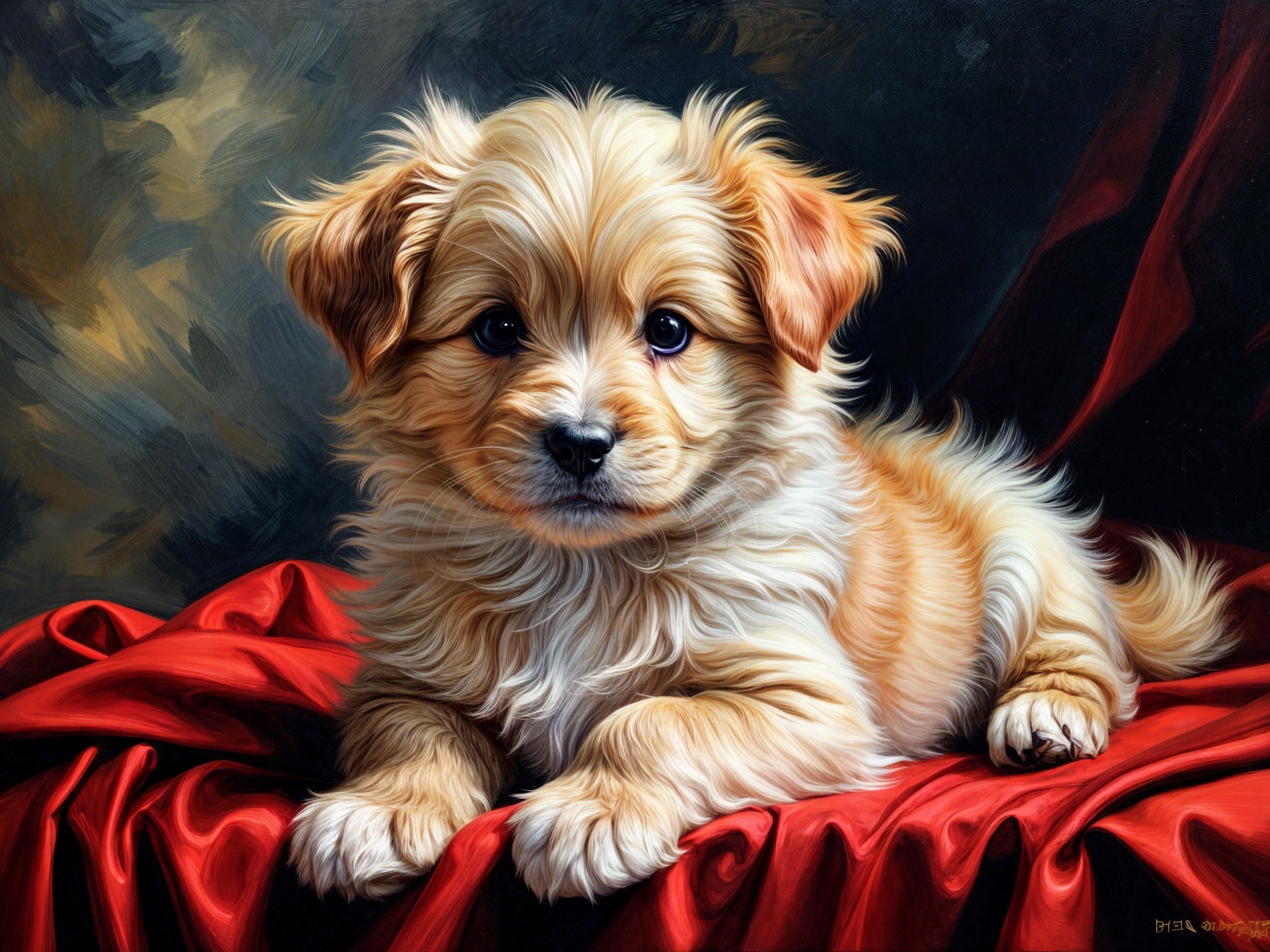 Fluffy Golden Puppy on Deep Red Satin Cloth