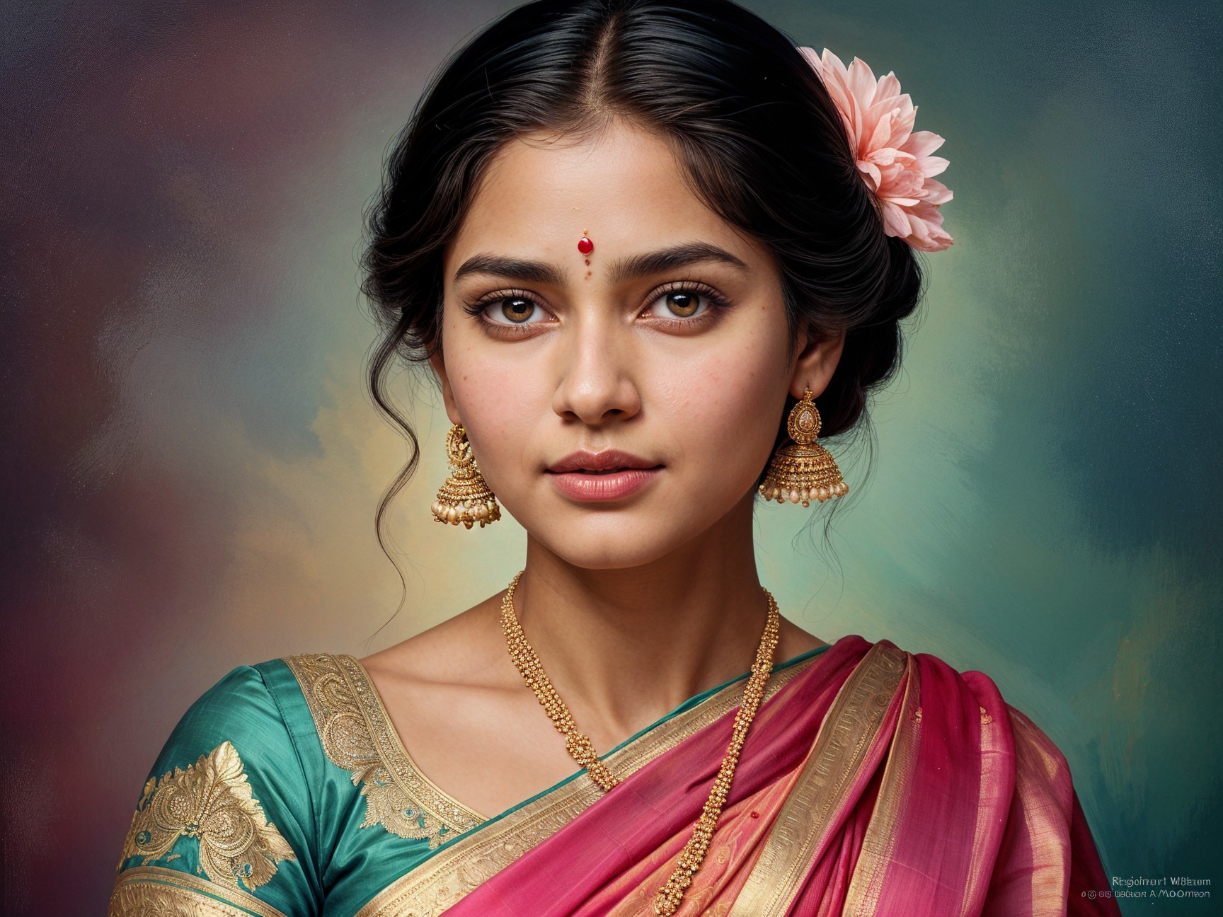 Young Woman in Traditional Saree with Gold Jewelry