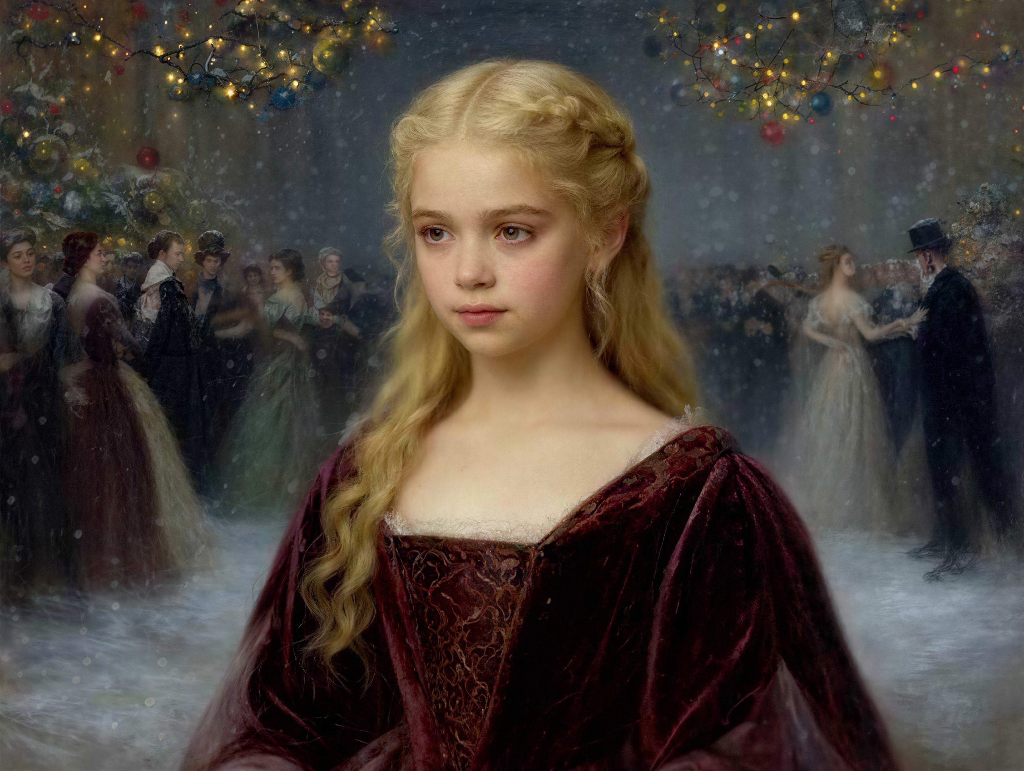 Blonde Girl in Velvet Dress at Snowy Christmas Party