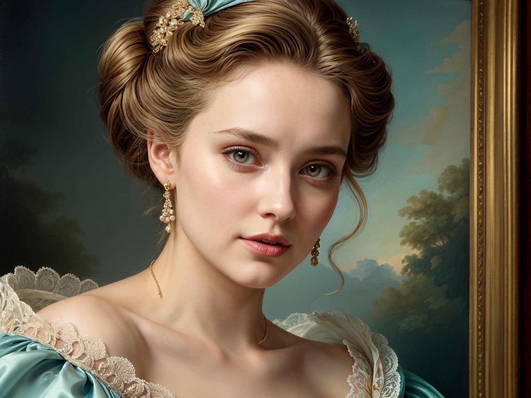 Elegant Woman in Pale Blue Gown with Turquoise Ribbon