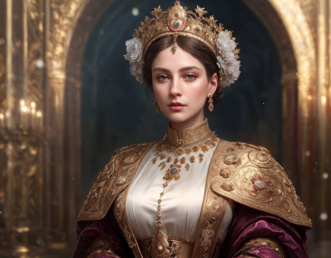 Regal Figure in Opulent Attire with Grand Crown