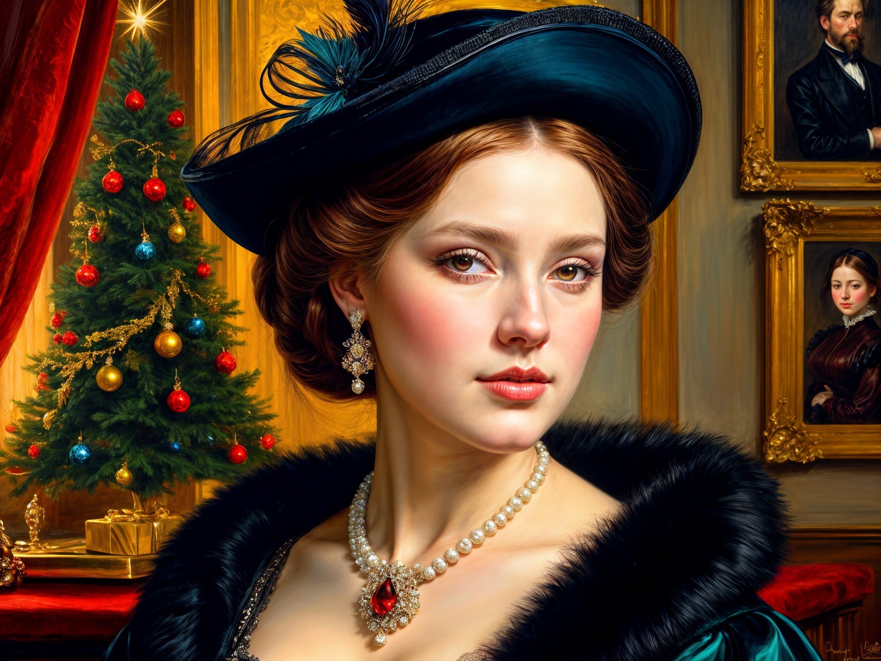 Glamorous Woman in Historical Outfit by Christmas Tree