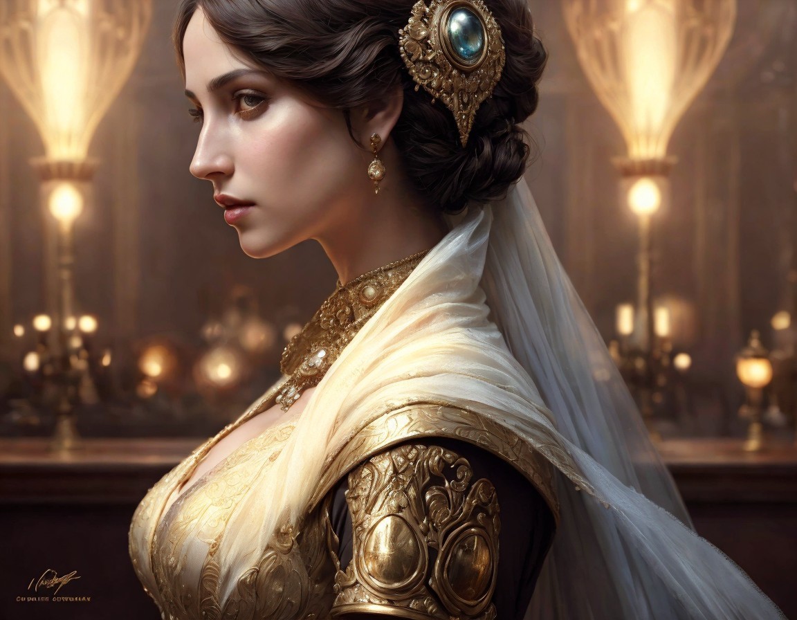 Elegant woman in gold-trimmed dress in candlelit room