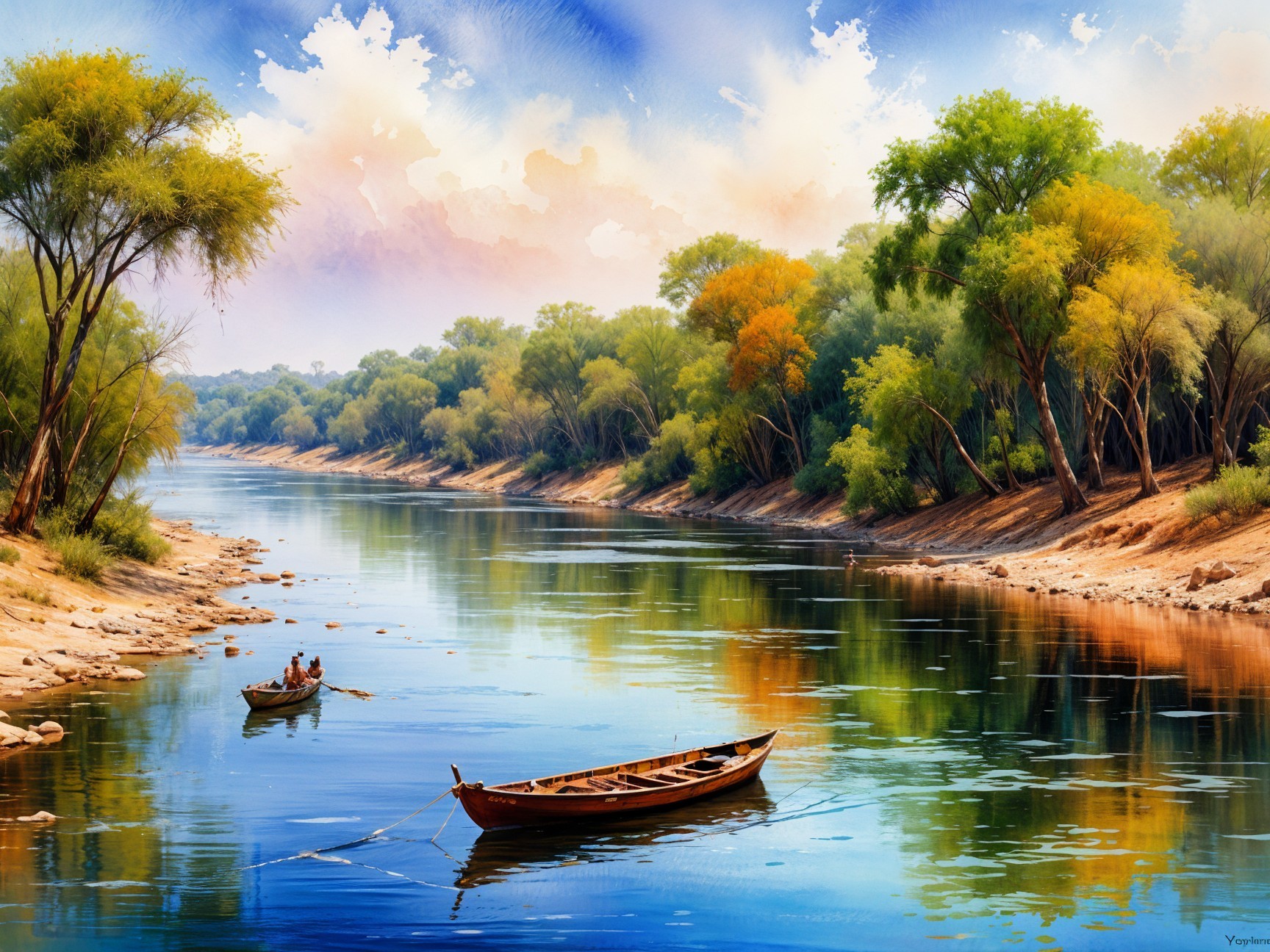 Serene River Scene with Autumn Colors and Boats