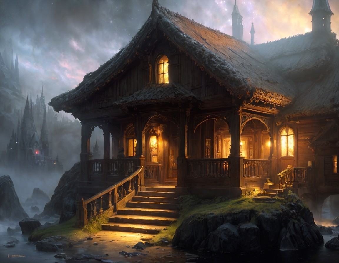 Wooden house by river at dusk with glowing windows