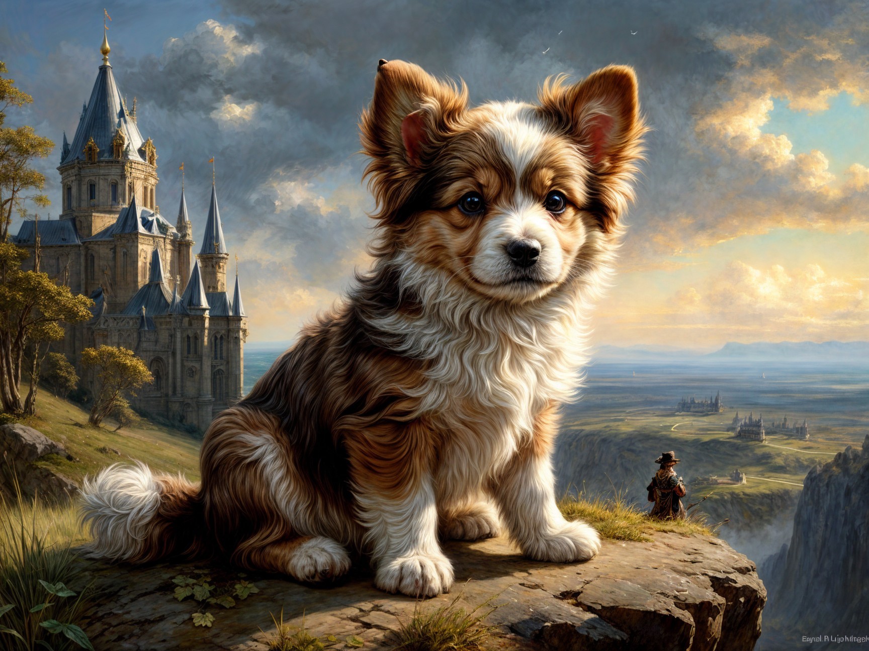 Fluffy Dog on Rock Overlooking Castle and Valley