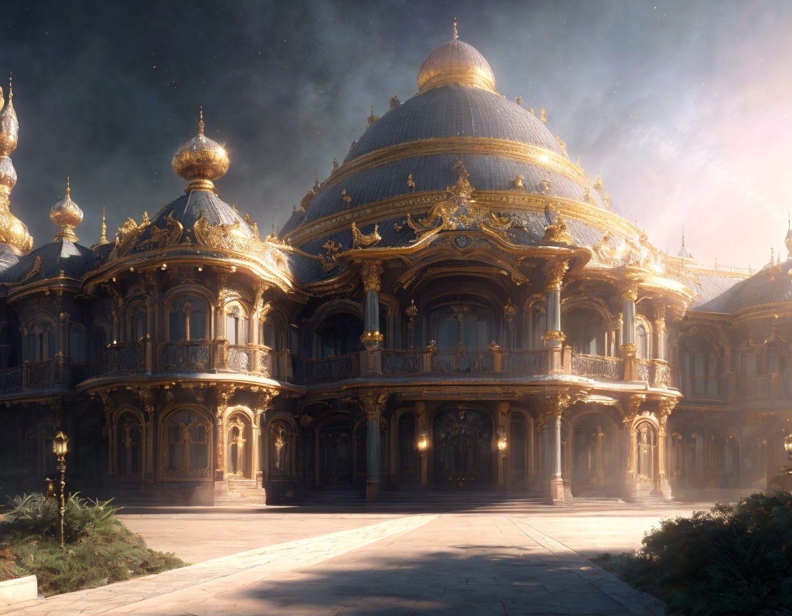 Opulent palace with golden domes in serene setting