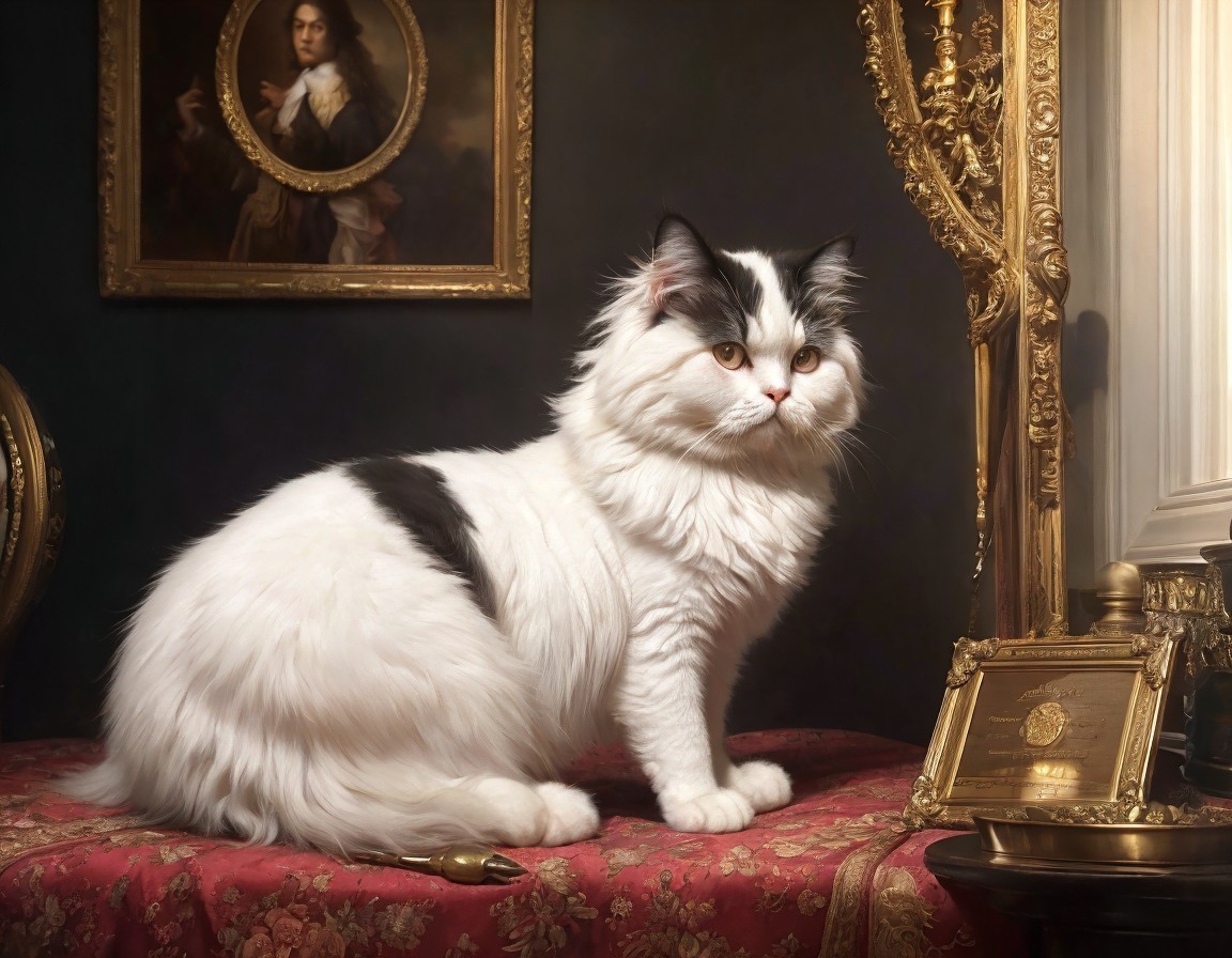Fluffy Black and White Cat on Red Cushion with Gilded Frame