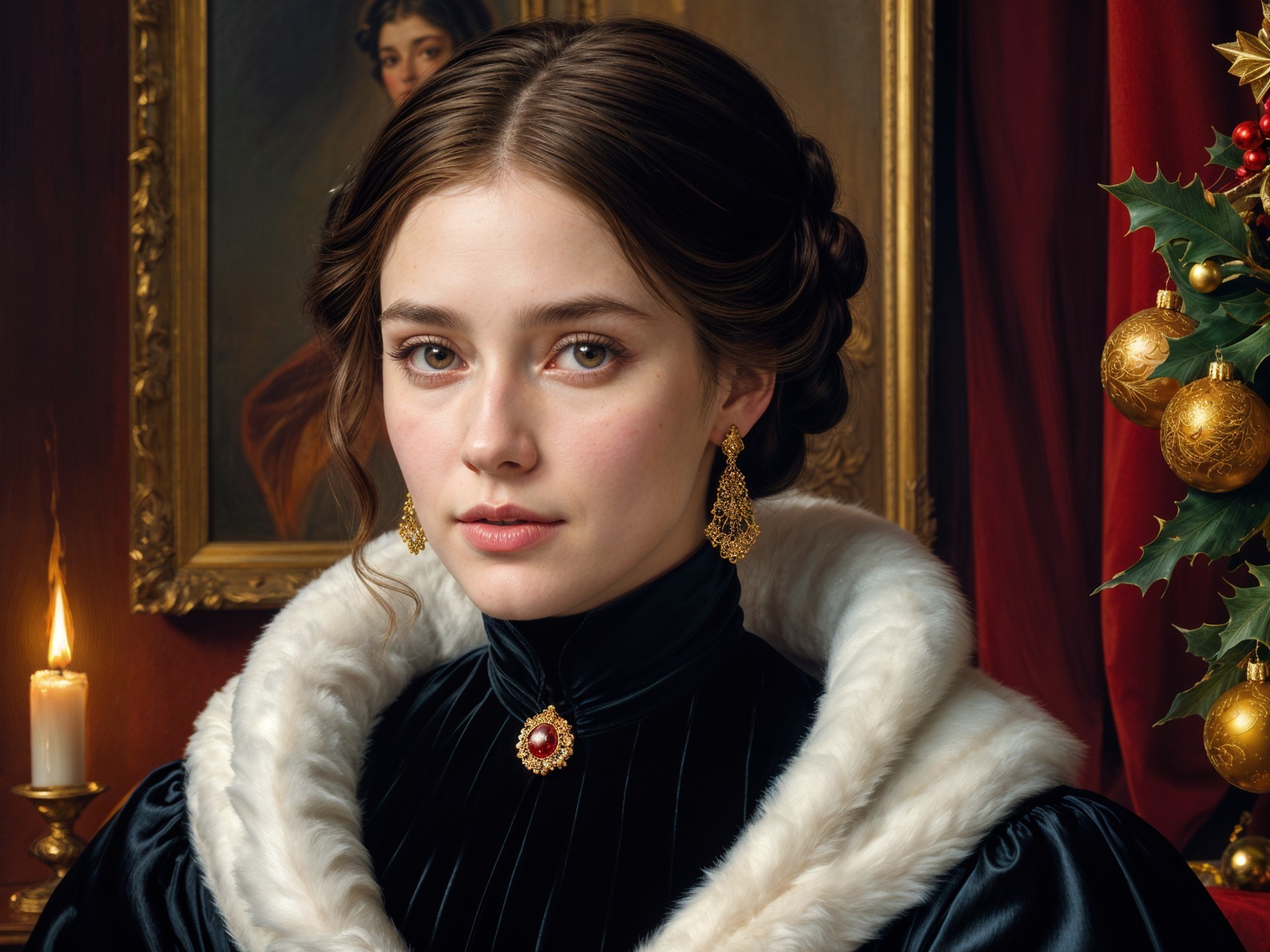 Elegant Young Woman in Black Velvet Dress with Fur Collar