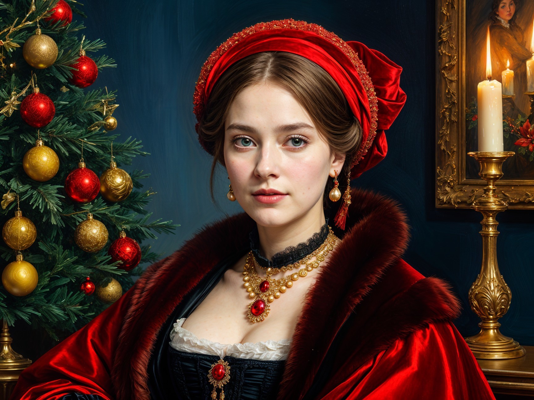 Woman in Red Gown with Christmas Tree Background