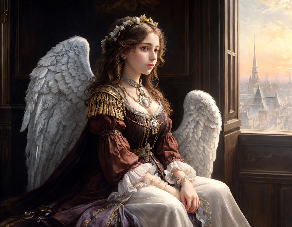 Woman with white wings in elegant dress gazes at cityscape from window