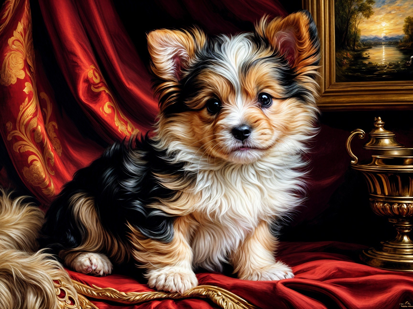 Tri-Colored Puppy Against Red Velvet Backdrop
