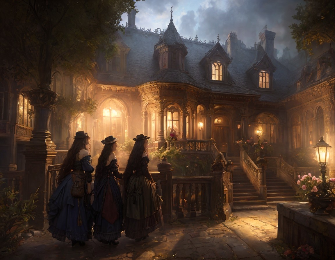 Victorian-style mansion with costumed individuals at twilight