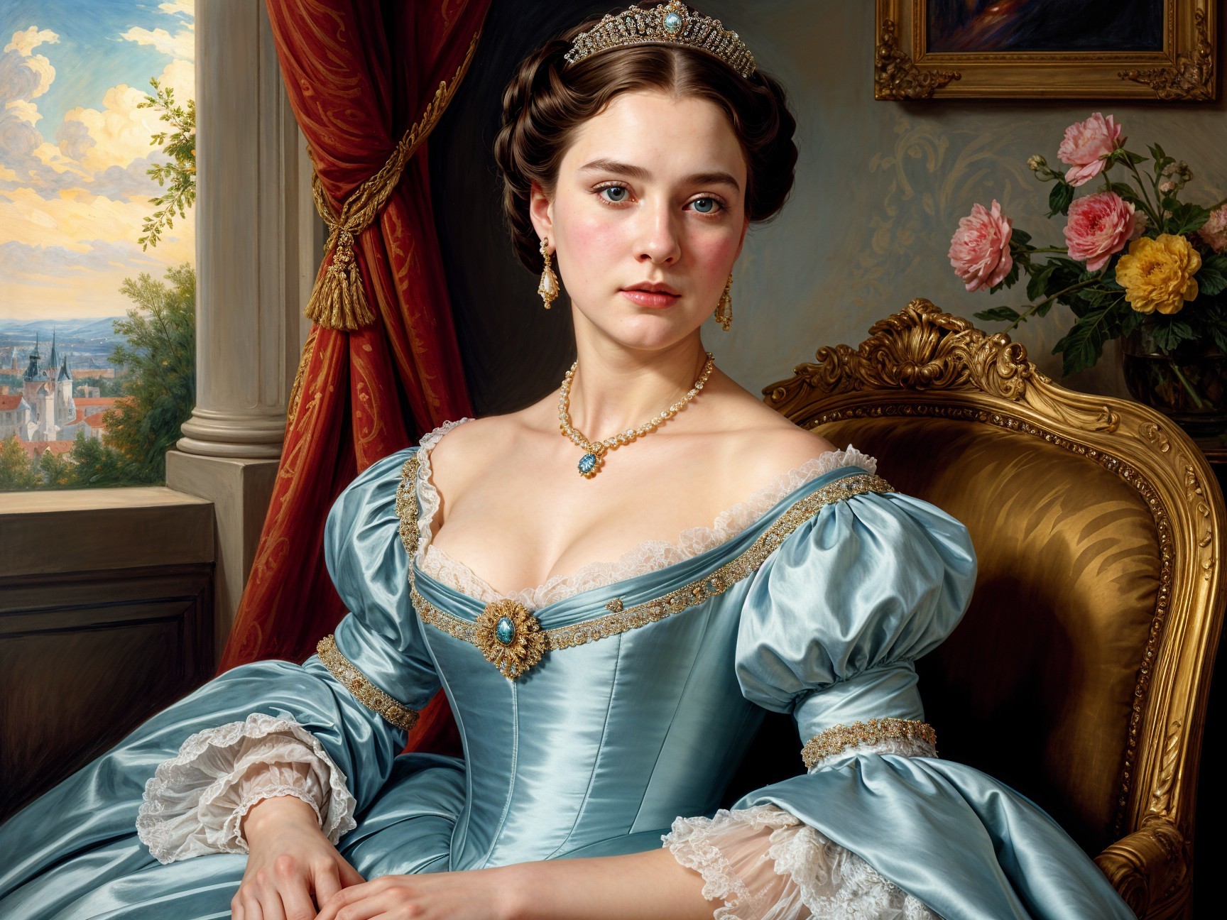 Portrait of Young Woman in Elegant Room with Gown