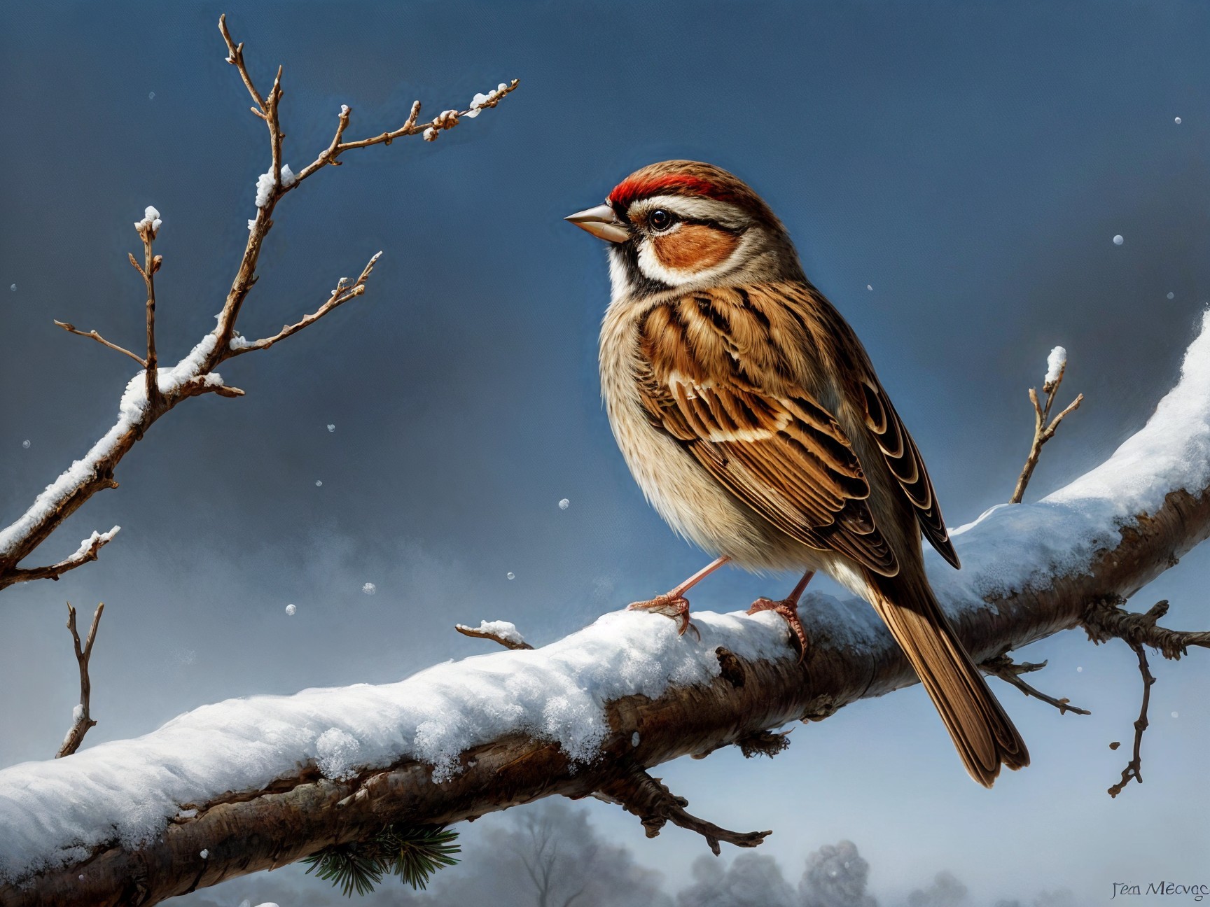 Close-up of a sparrow on a snow-covered branch