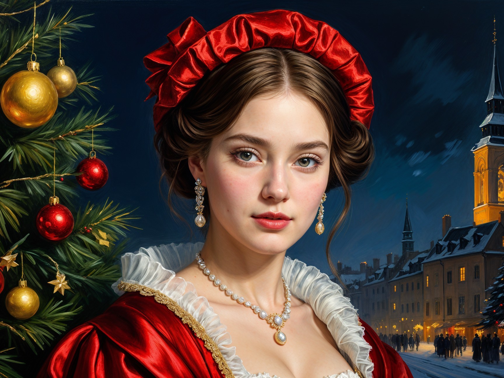 Elegant woman in red gown with festive winter backdrop