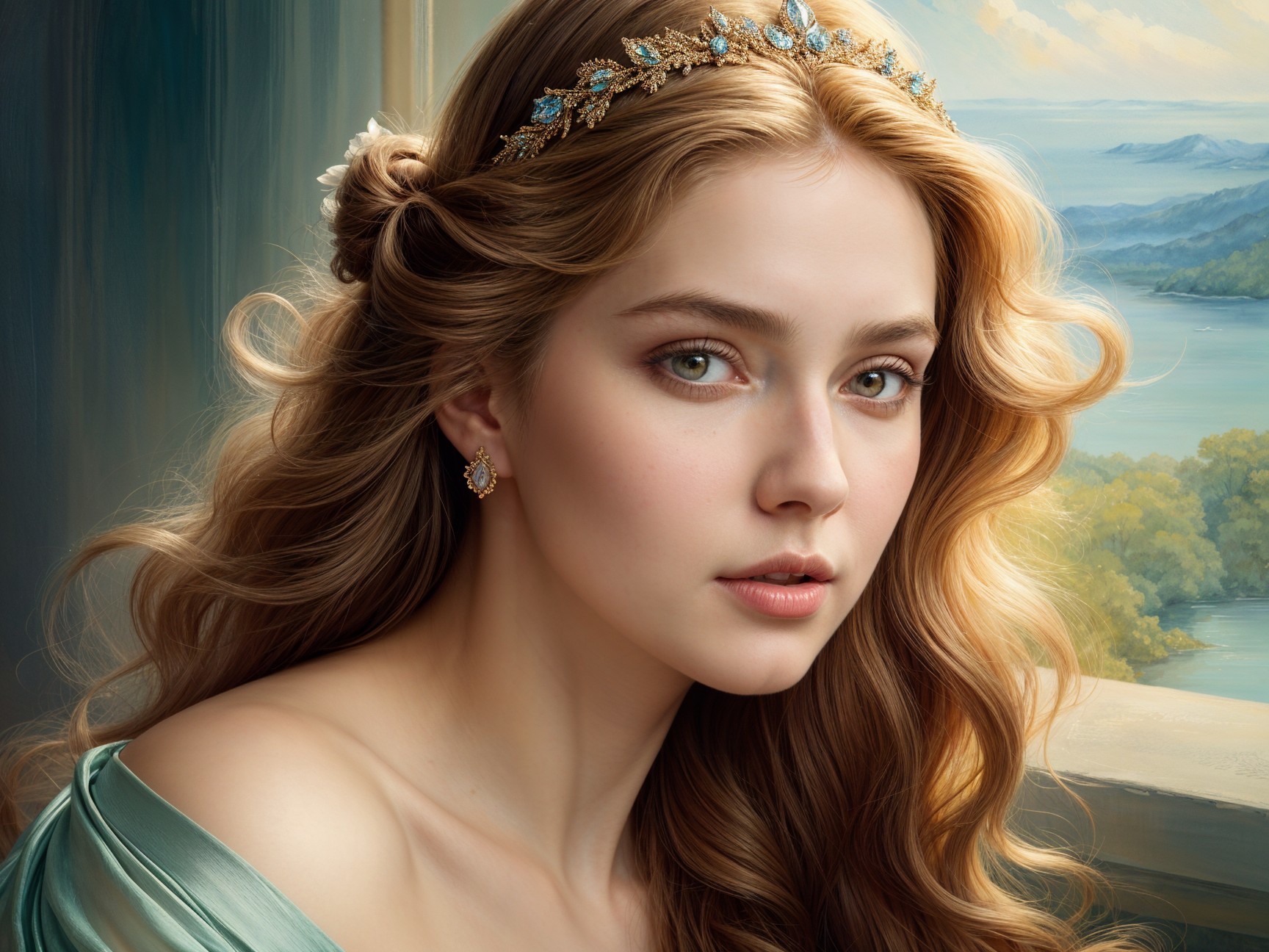 Young woman with golden hair in serene landscape