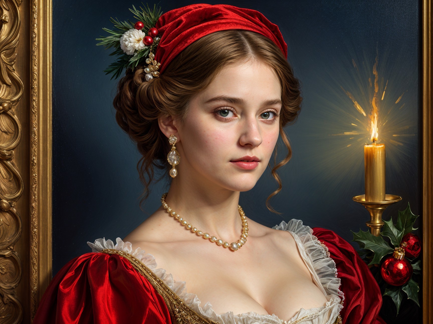 Young woman in elegant red gown with festive decor