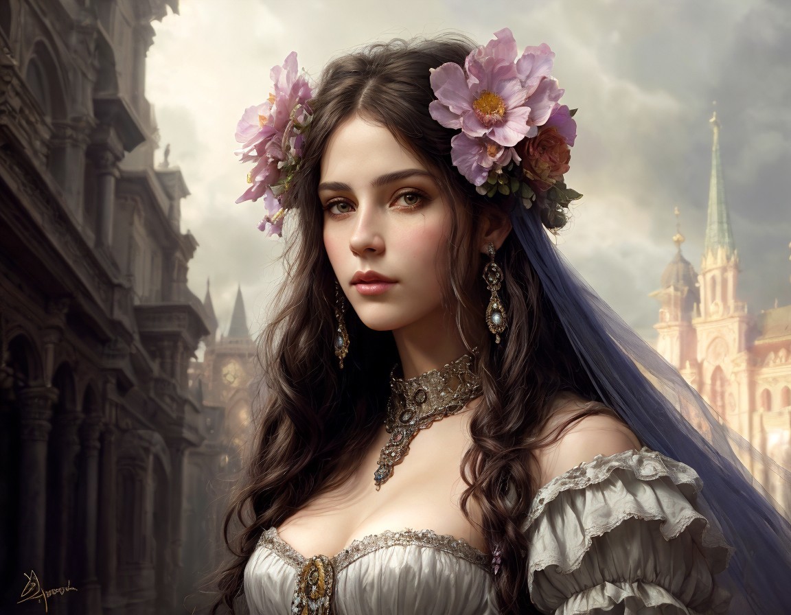 Portrait of woman with long dark hair in flower crown and elegant grey dress against old-world backdrop
