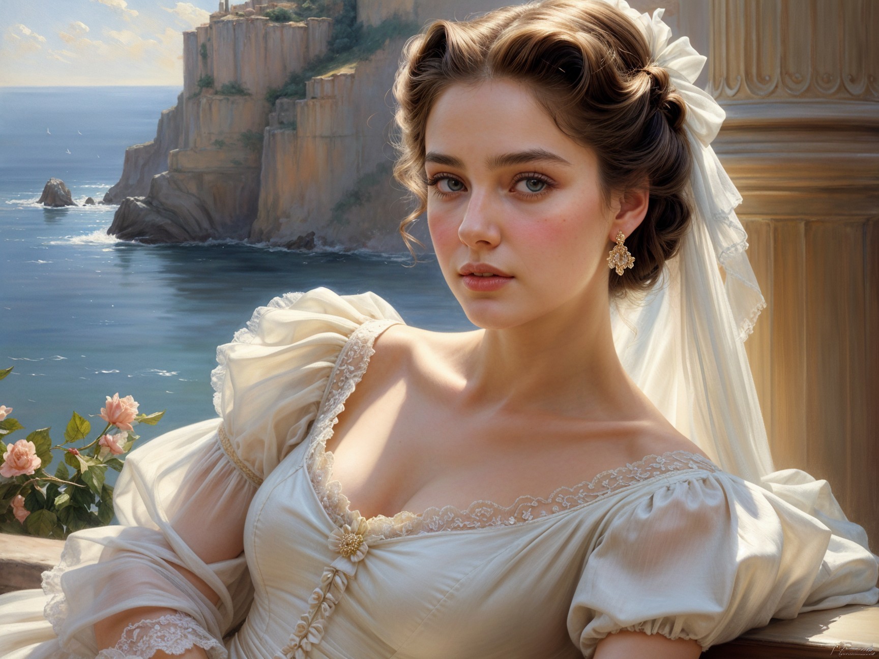 Young Woman in Cream Dress at Coastal Landscape