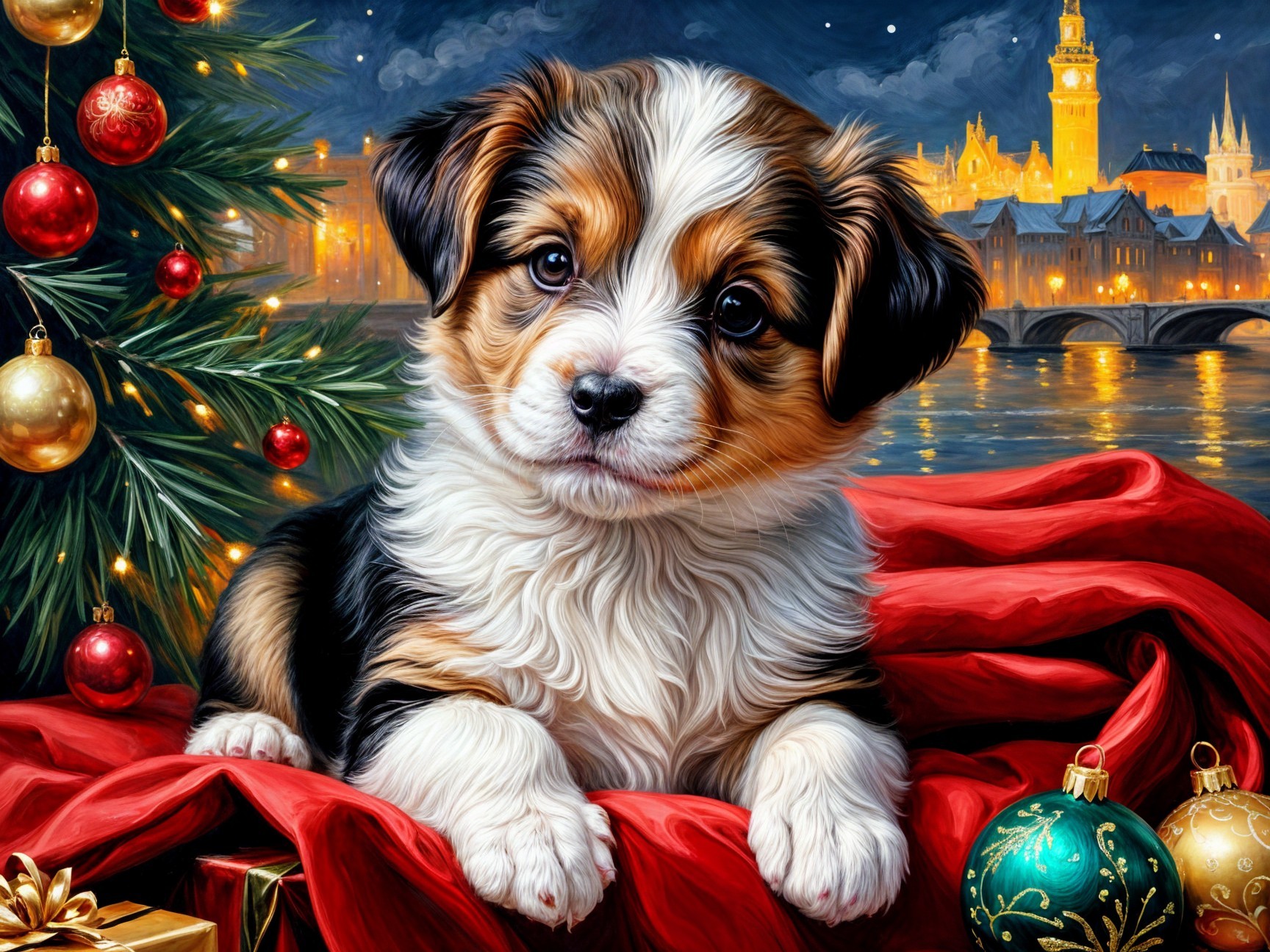 Puppy on Red Fabric with Christmas Decorations