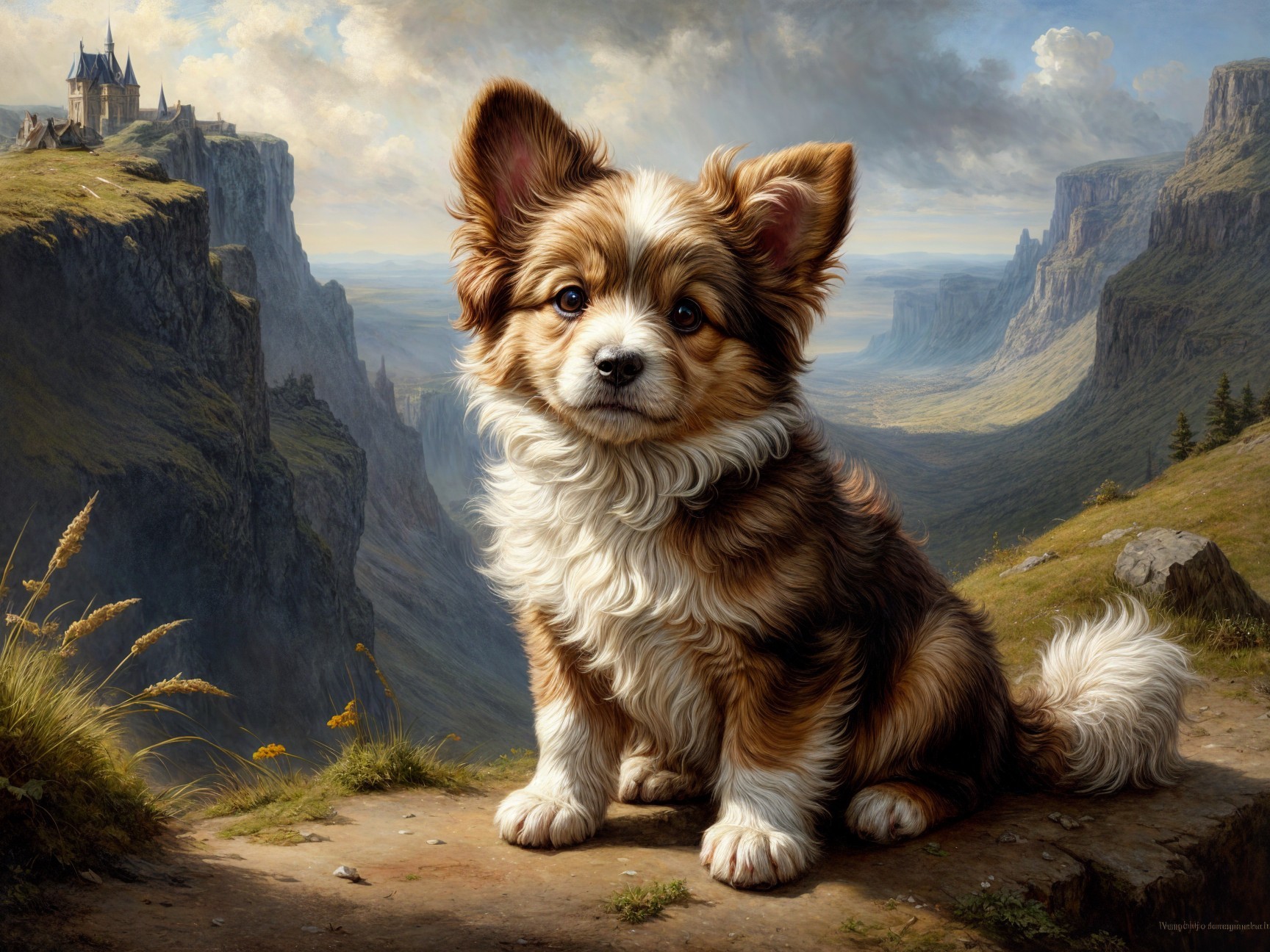 Fluffy Dog Overlooking Scenic Valley with Castle