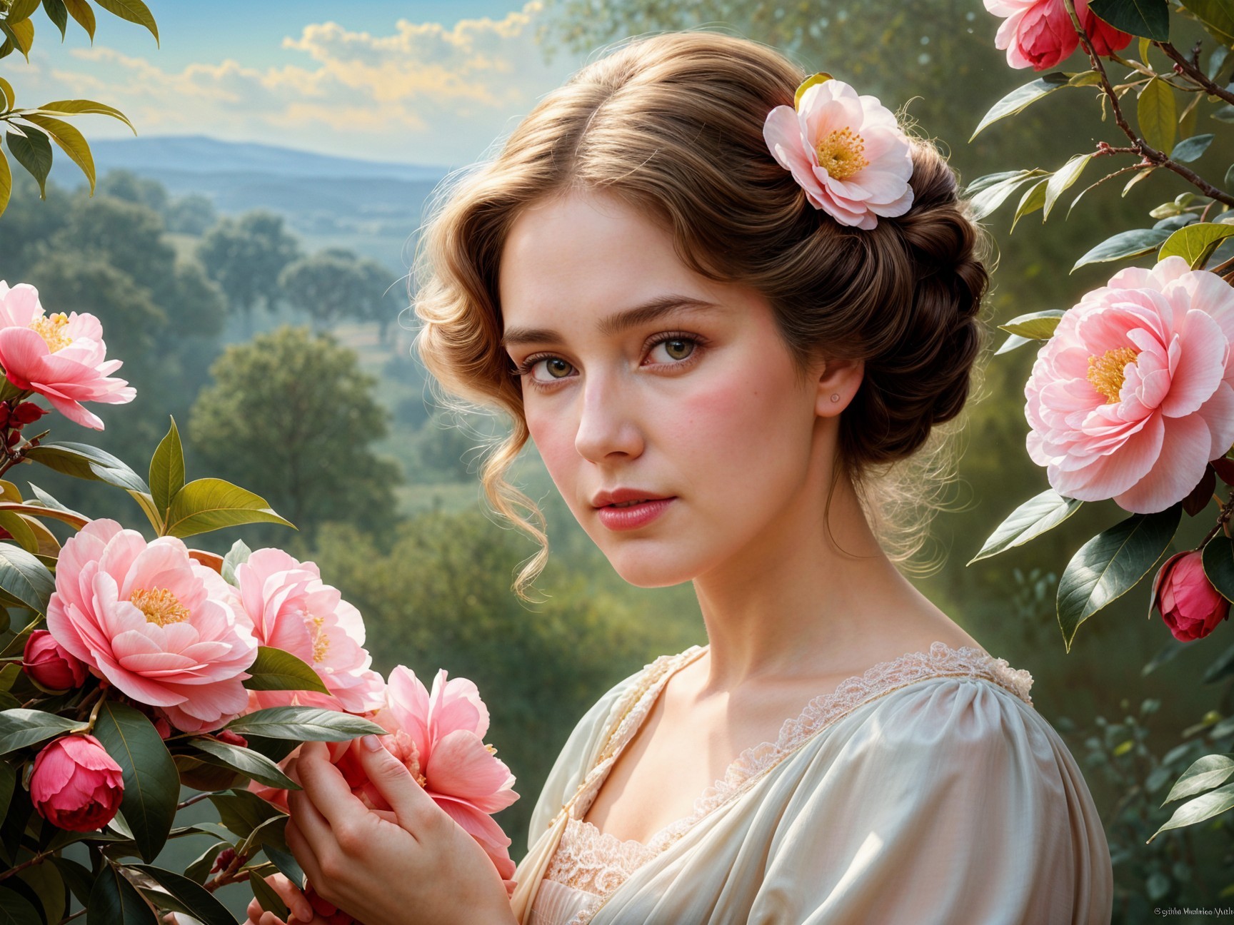 Young Woman with Wavy Hair and Pink Camellias