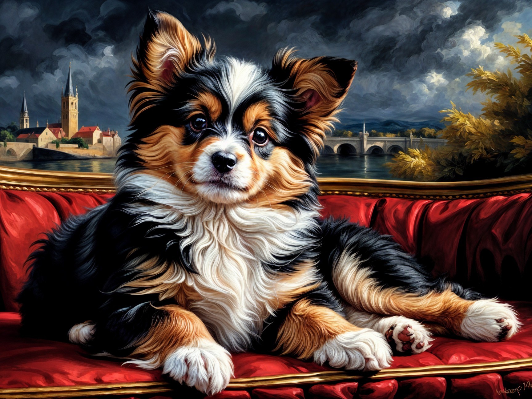 Fluffy Tri-Color Dog on Red Velvet Couch with Landscape