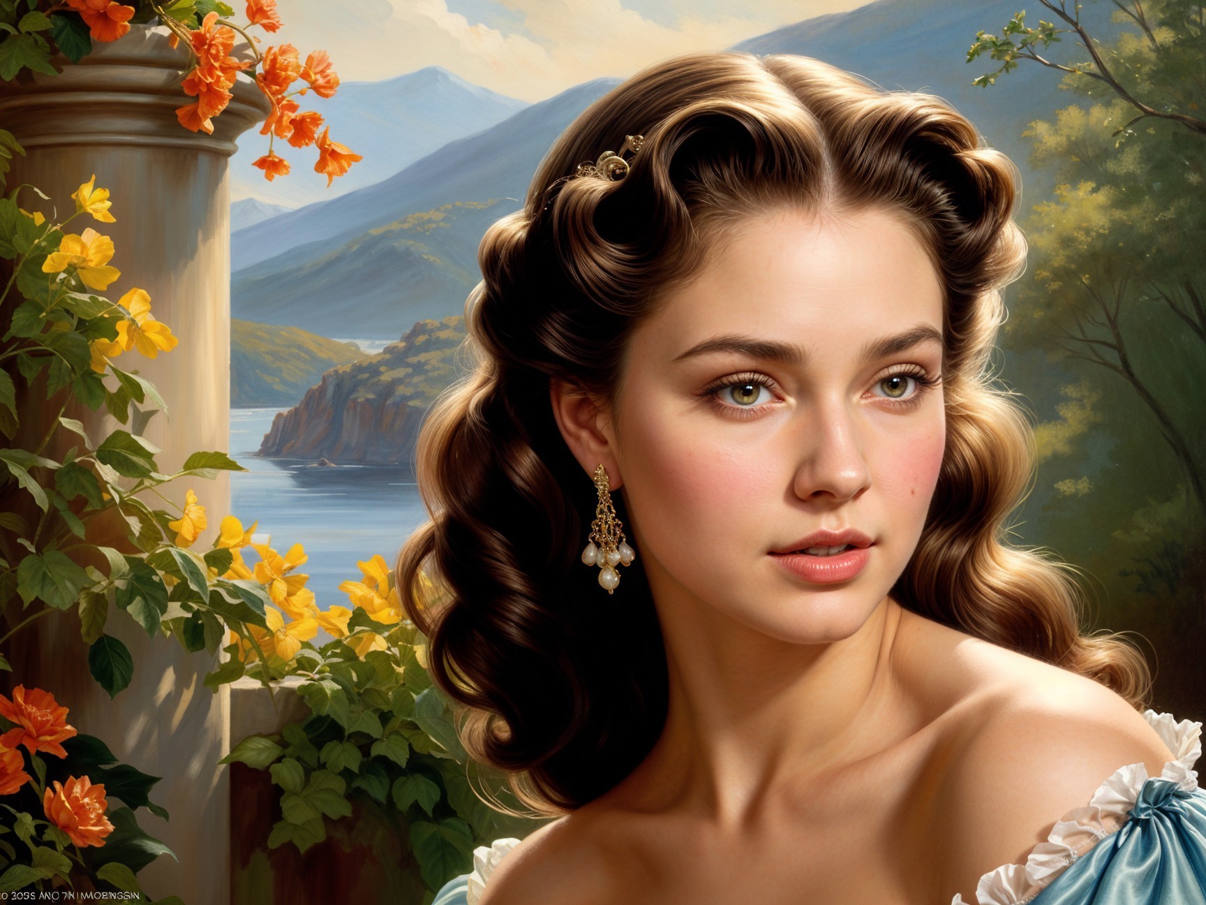 Young woman in blue dress by serene landscape
