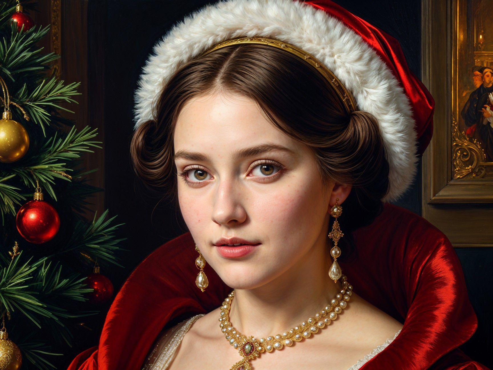 Young woman in red gown with festive decorations