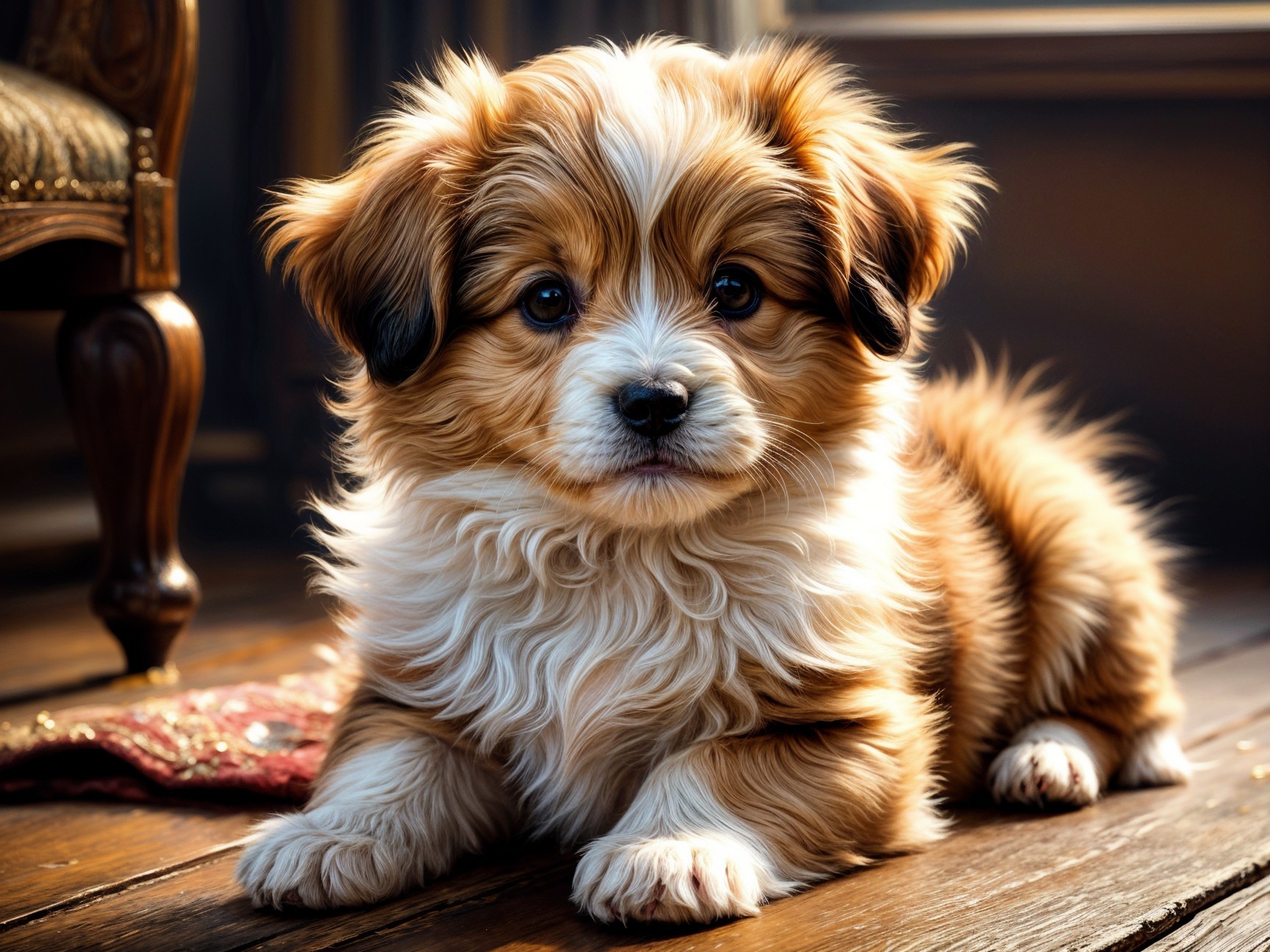 Fluffy Puppy Resting on Wooden Floor in Sunlight