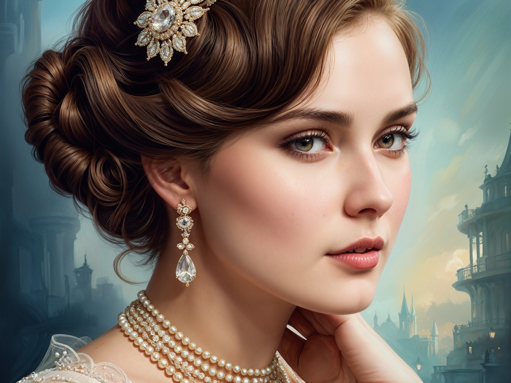 Elegant Young Woman with Pearl Jewelry and Hairpiece