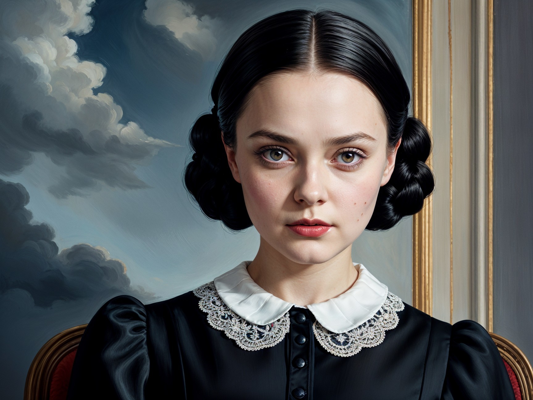 Young girl in black dress with lace collar and dreamy sky
