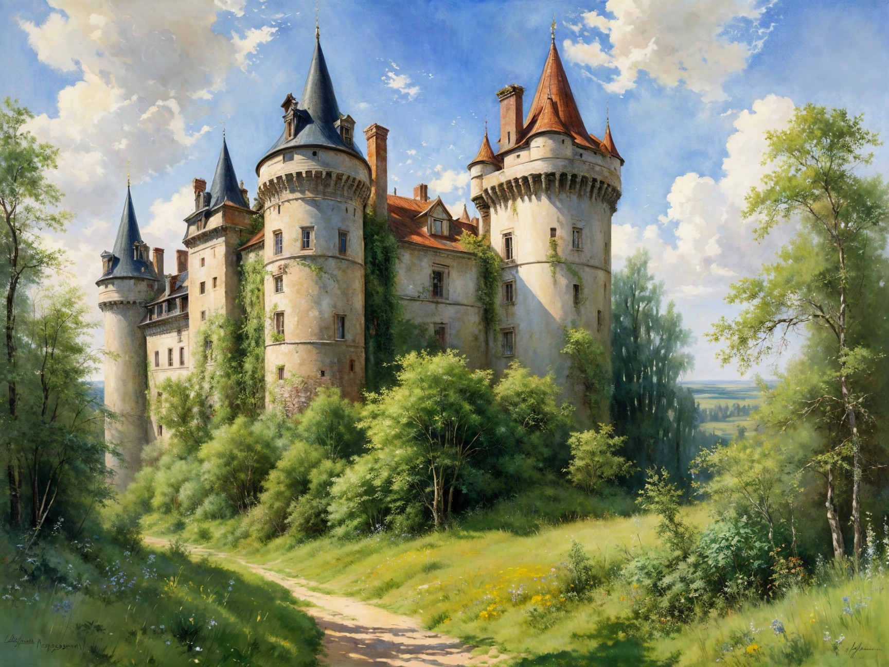 Majestic castle surrounded by lush greenery and towers
