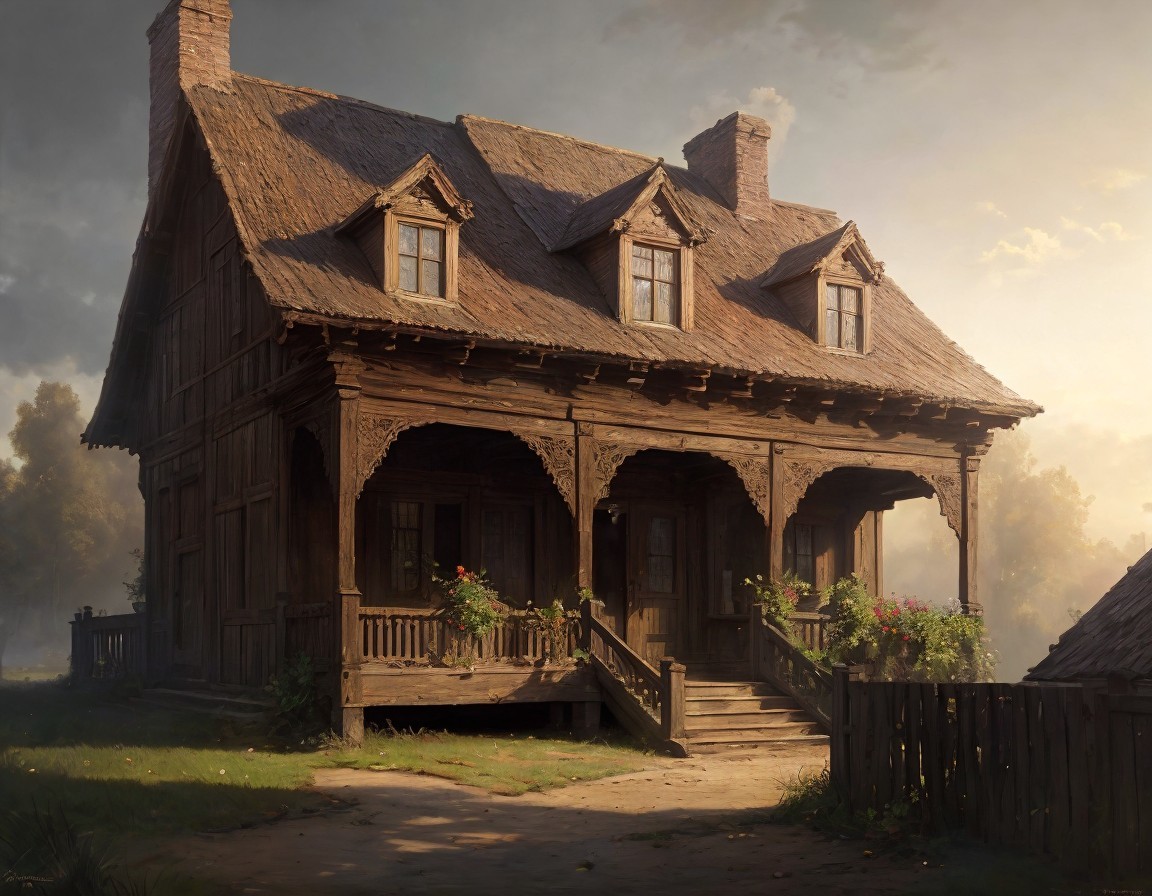 Rustic Wooden House with Porch and Balcony at Sunset