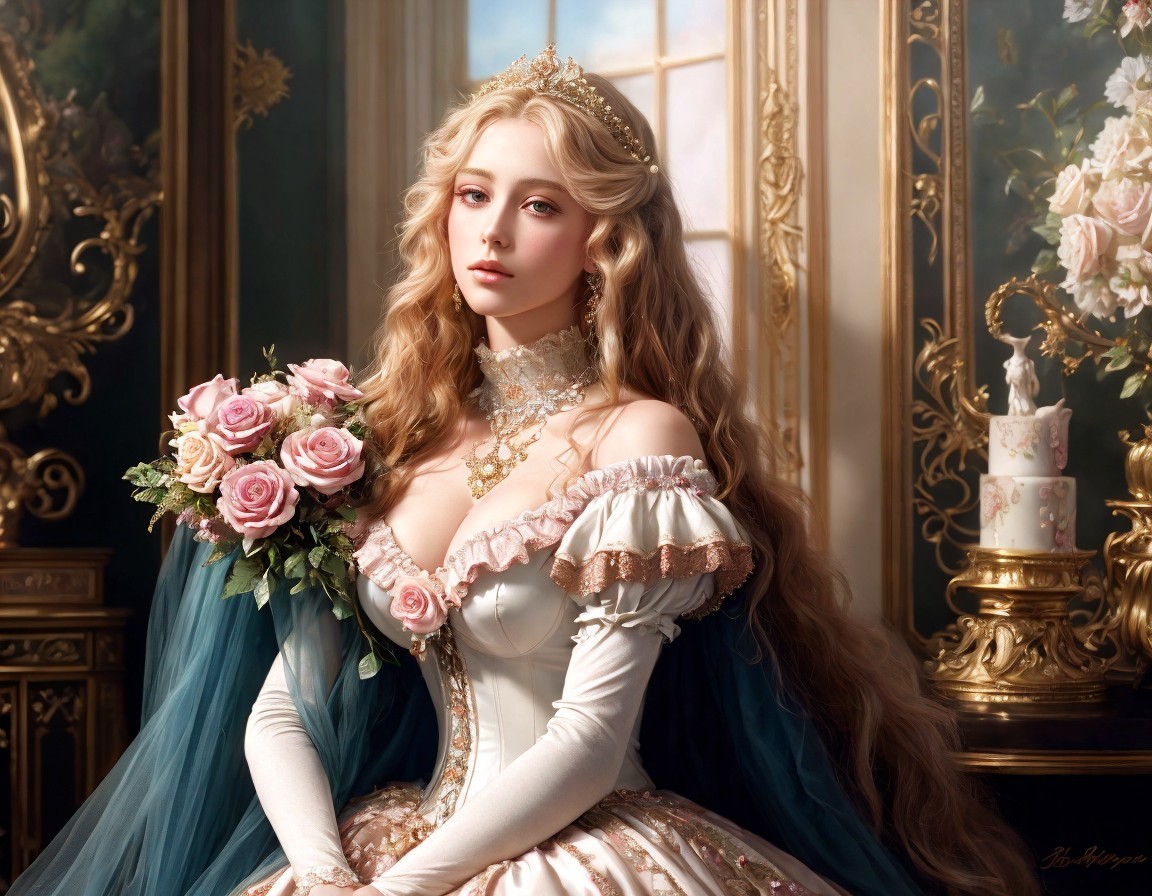 Regal Woman in Ornate Gown with Roses and Lace