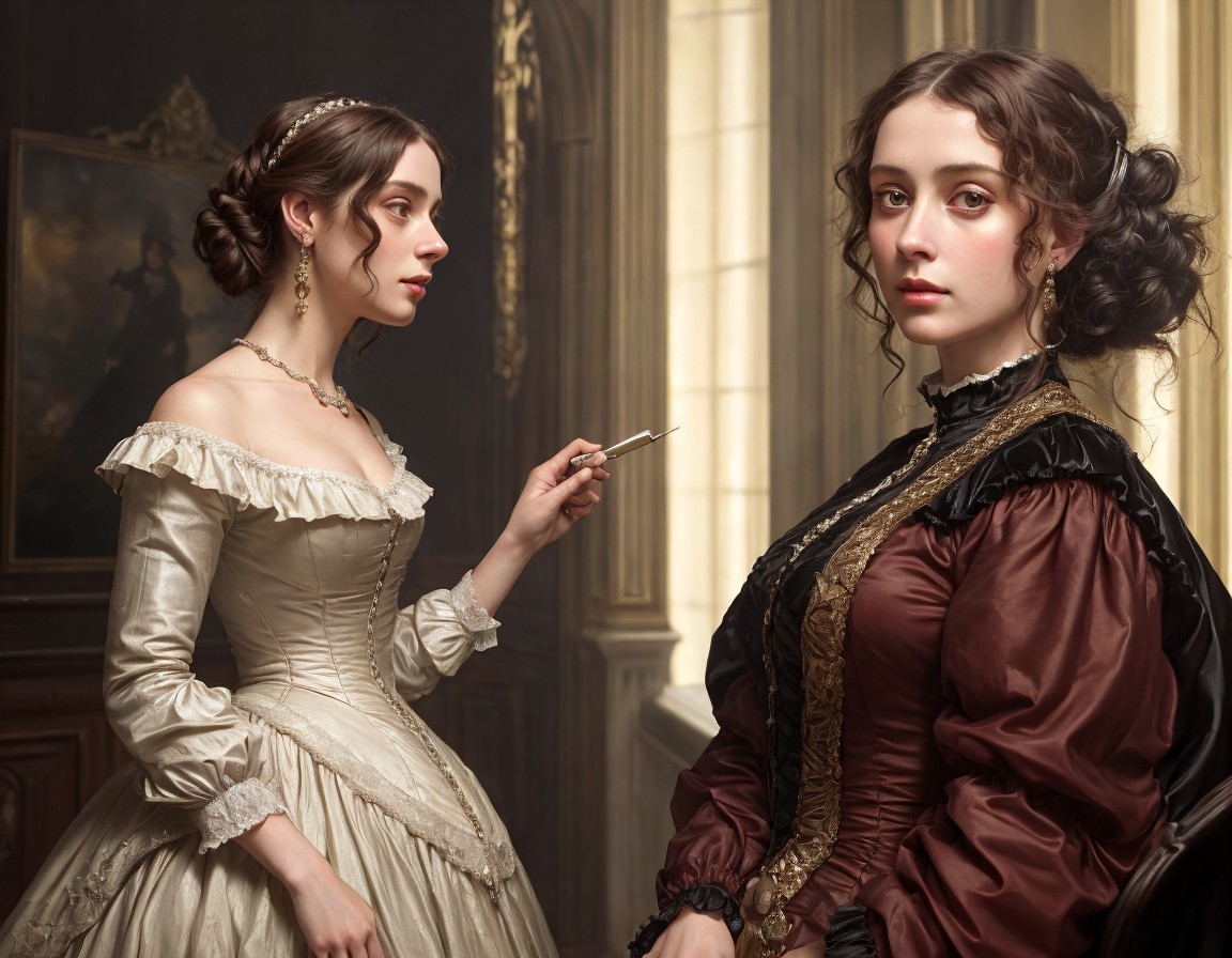 19th-Century Women in Elegant Dresses in Stately Room