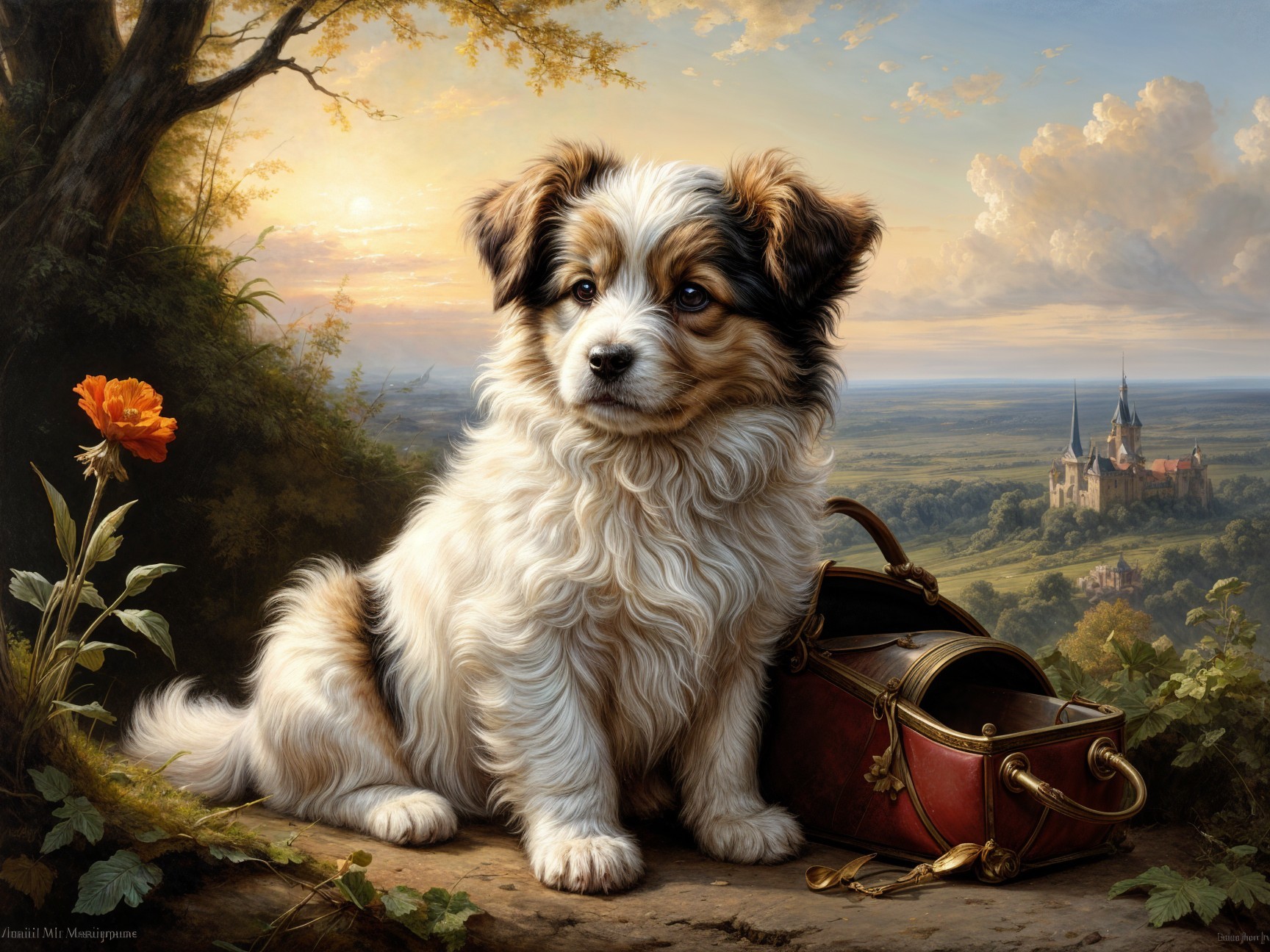 Fluffy Puppy on Grassy Hill with Sunset Background