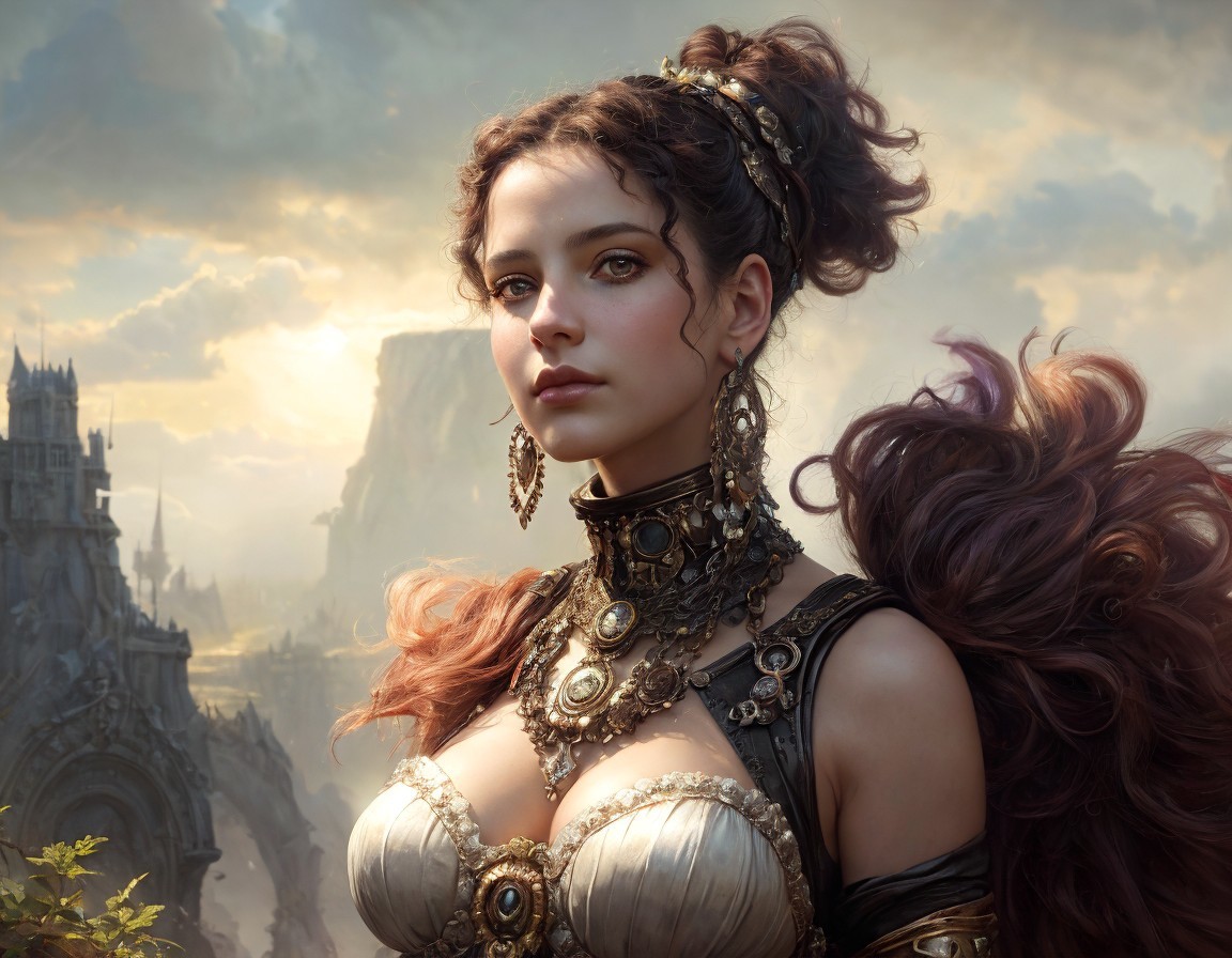 Digital Artwork of Woman in Medieval Armor and Castle