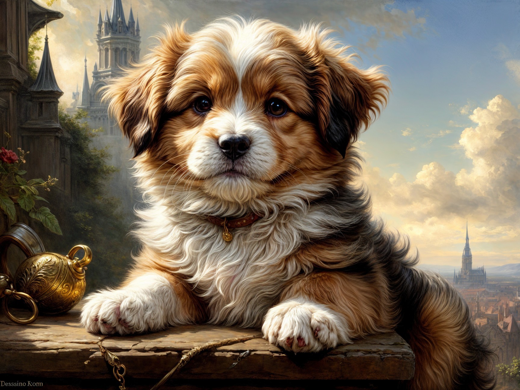 Fluffy Dog on Rustic Surface with Scenic Landscape