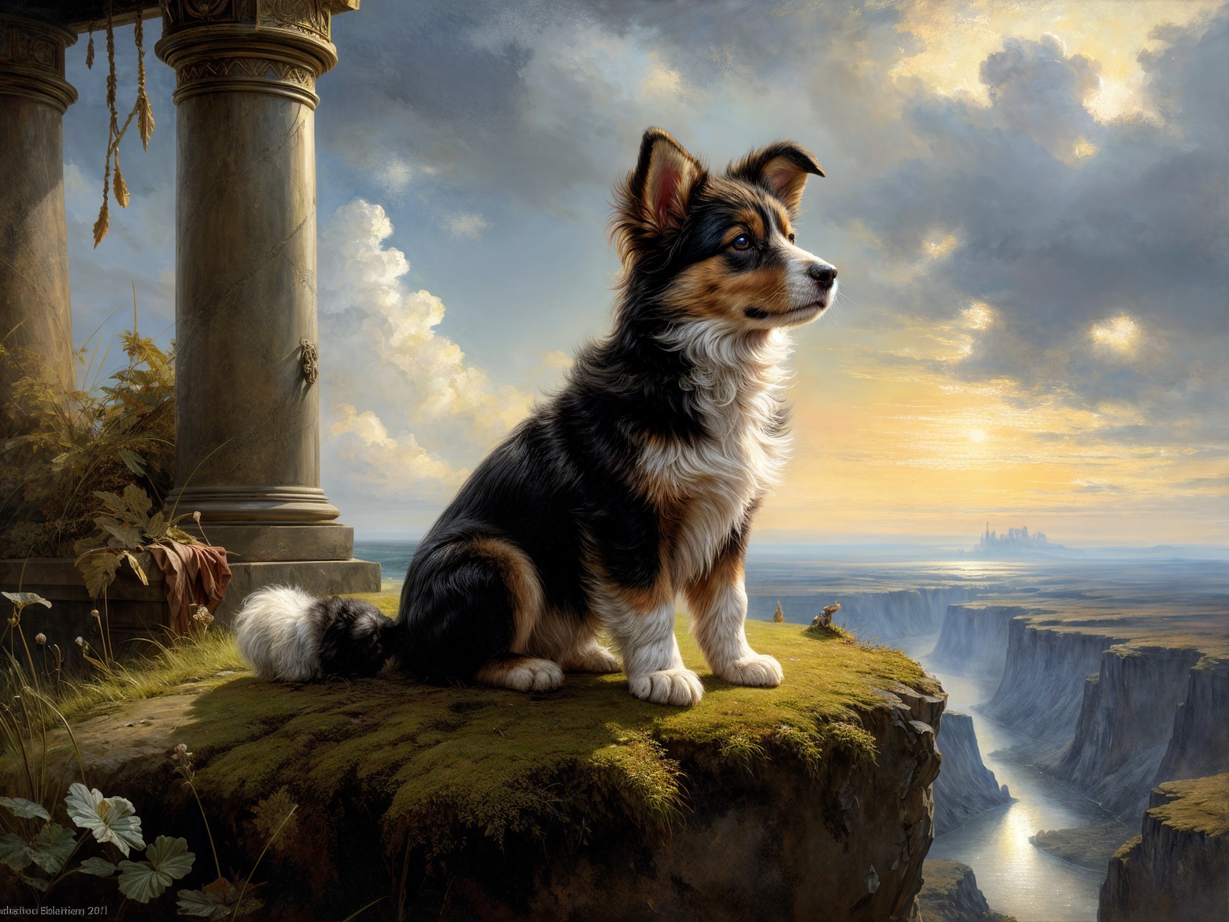 Fluffy Dog on Rugged Cliff Overlooking Scenic Landscape