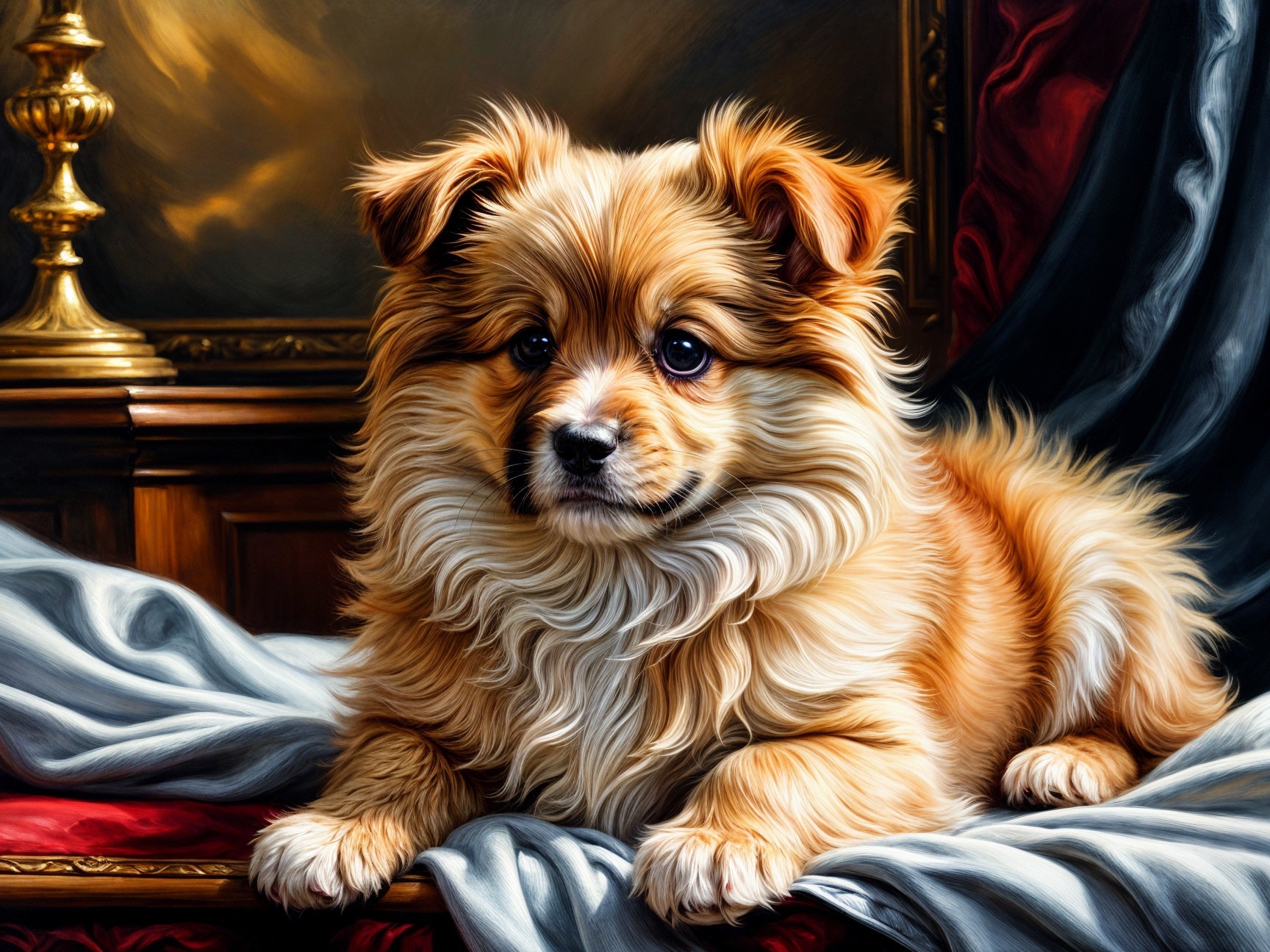 Fluffy Golden-Brown Puppy on Soft Fabric Background