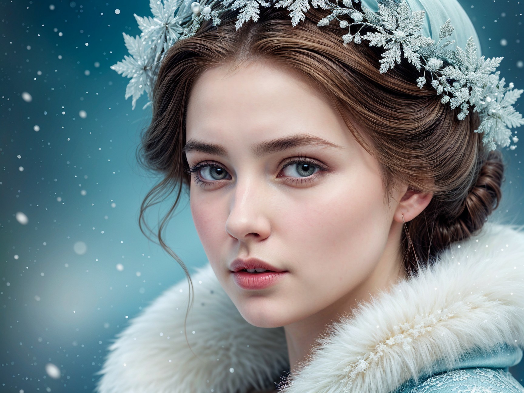 Young Woman in Blue Gown Amidst Falling Snowflakes