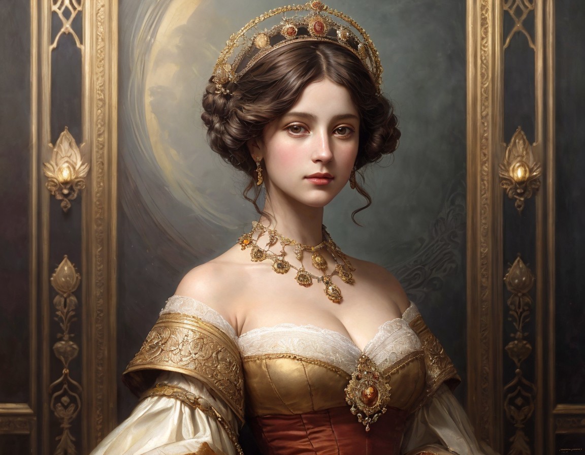 Elegant Woman in Opulent Historical Attire and Jewelry