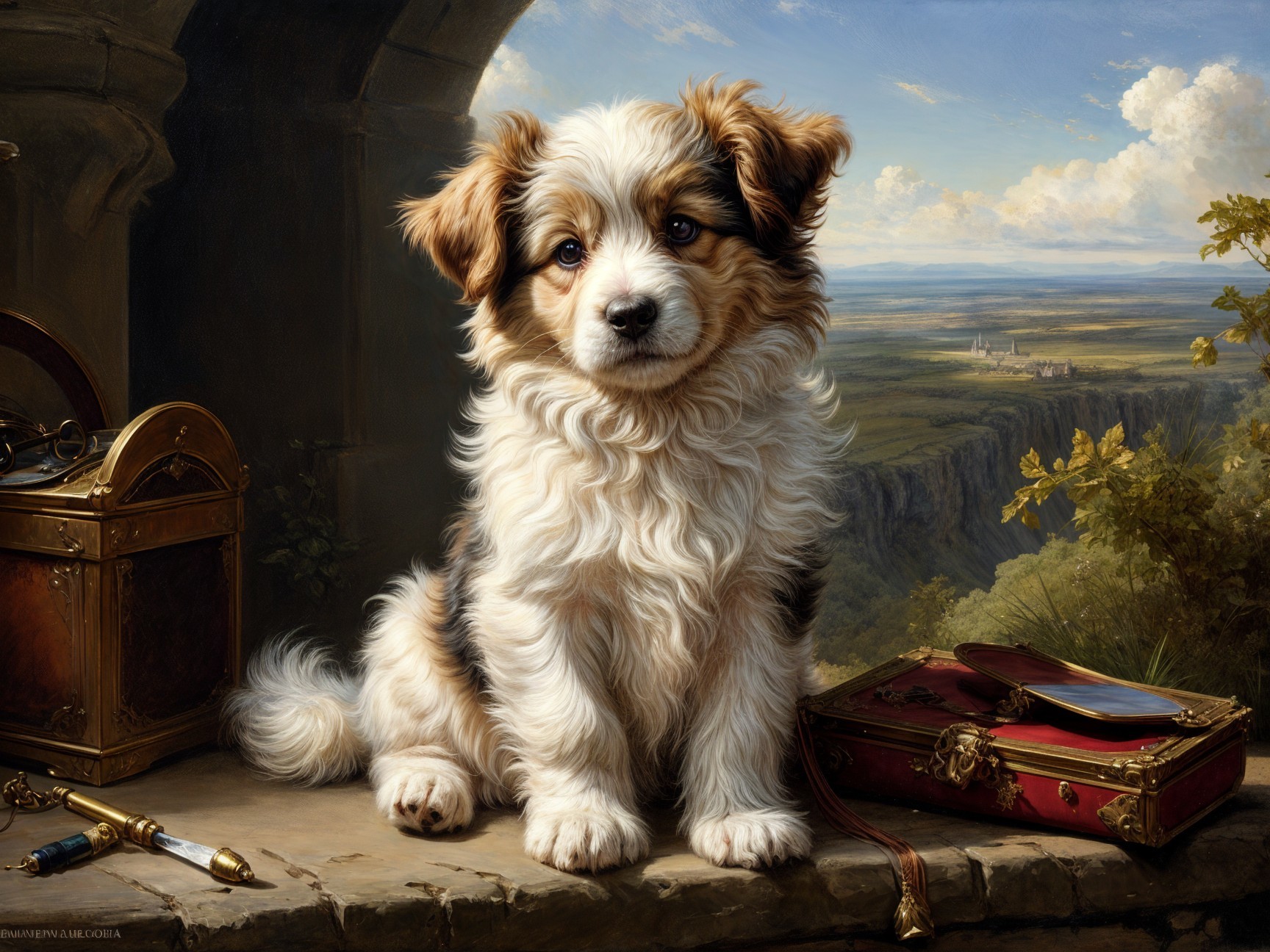 Fluffy Puppy on Windowsill with Scenic Landscape View