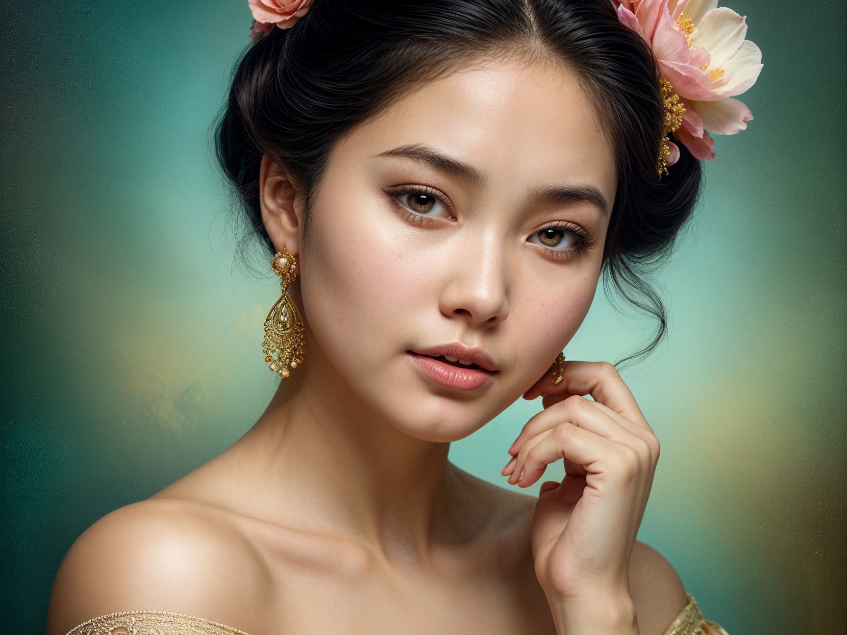 Portrait of a Serene Young Woman with Floral Accents