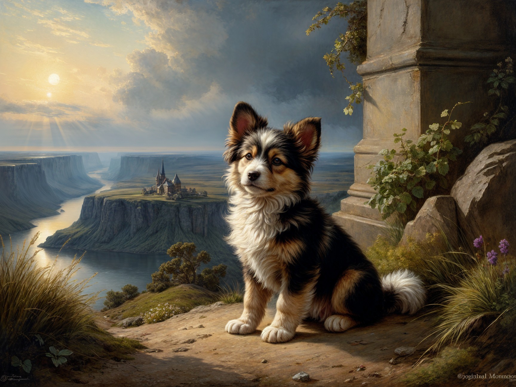 Tri-Colored Corgi Overlooking Scenic Landscape