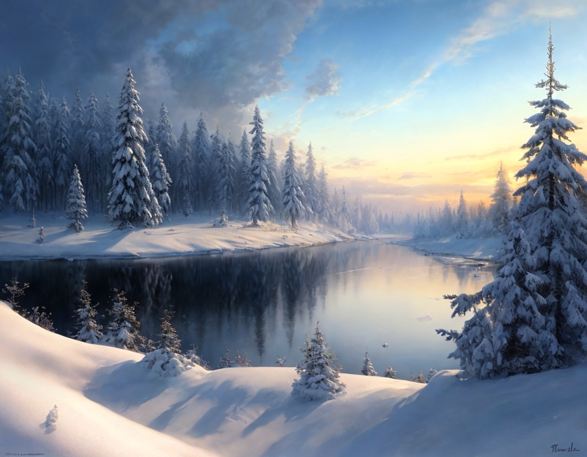 Snow-covered trees and calm river in tranquil winter landscape