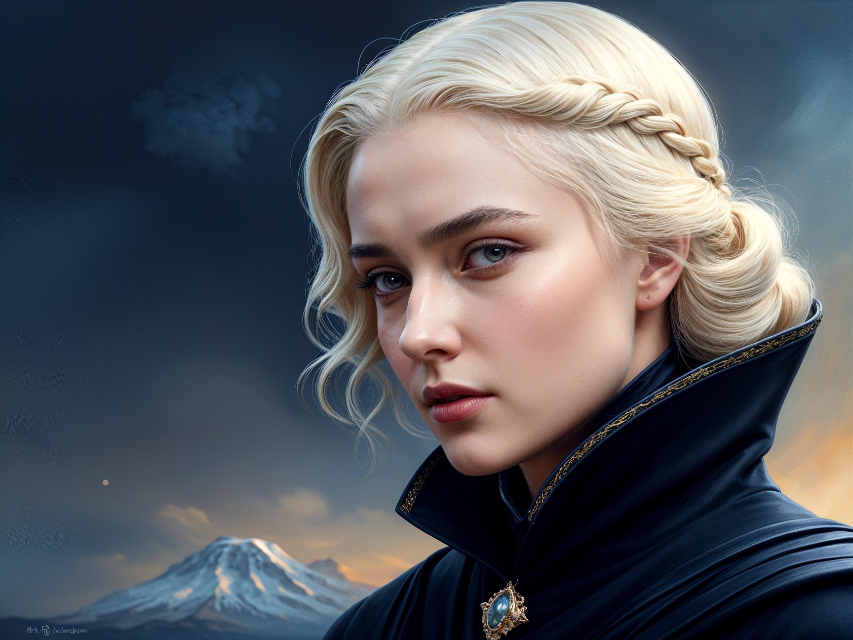 Portrait of a Young Woman with Blonde Hair and Mountains